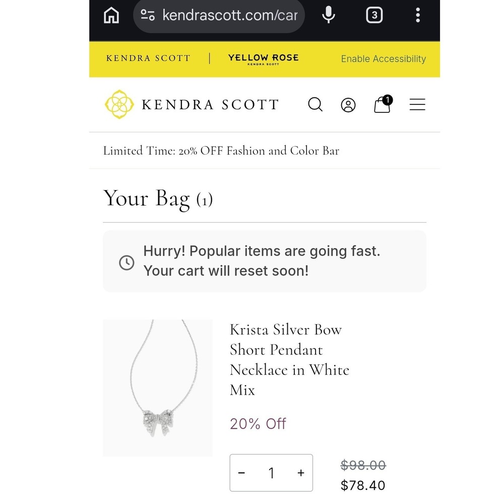 Kendra Scott Silver Pave Crystal Bow Pendant Necklace with Pearl Accents New - Picture 10 of 10